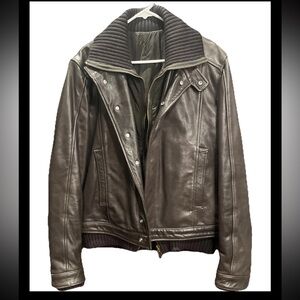 Vintage Men’s Gazzarrini Brown Leather Motto Jacket  Sweater Collar and sleeves